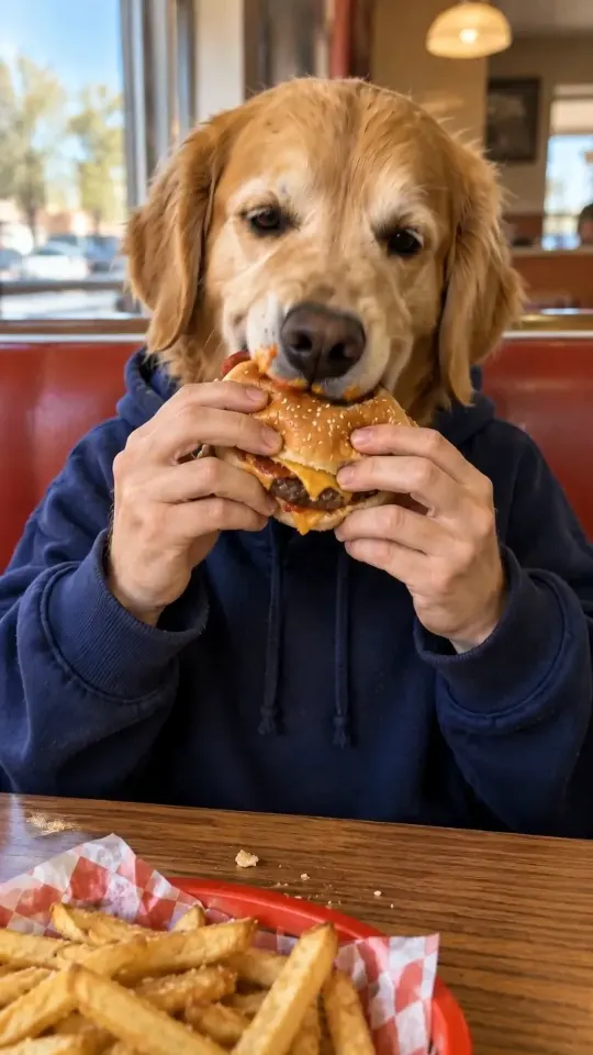 Frame from a real video: a golden retriever holding a cheeseburger with human hands